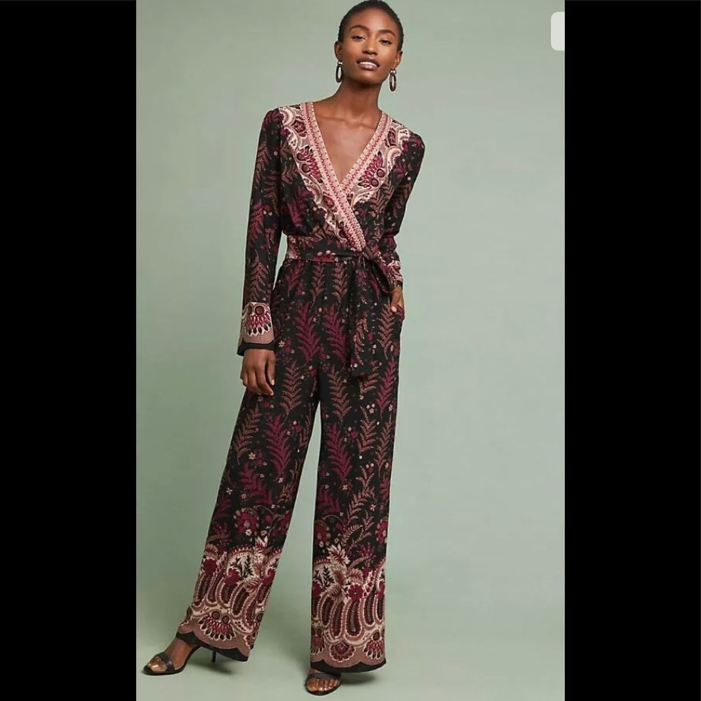 NWT Anthropologie One September Black Red Breezeway Embroidered Pant Jumpsuit